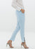 Model showing pocket of Women's Front Slit Trouser In Sky Blue
