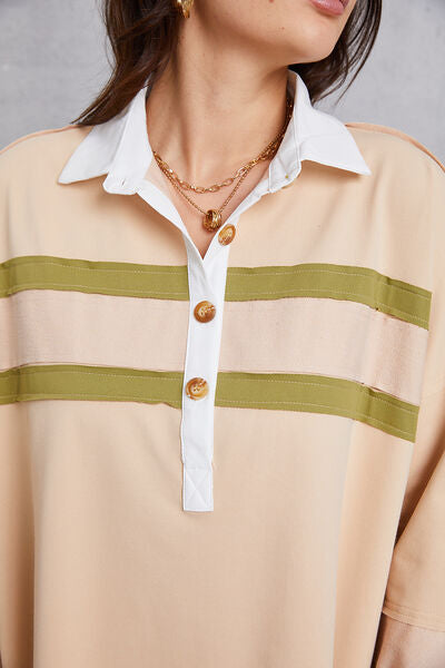 Close up view of Half Button Handkerchief Hem Dress -Light Apricot