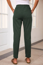 Back view of Drawstring Straight Pants with Pockets-black forest