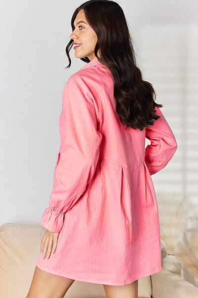 Back view of Button Up Collared Neck Flounce Sleeve Denim Dress-pink