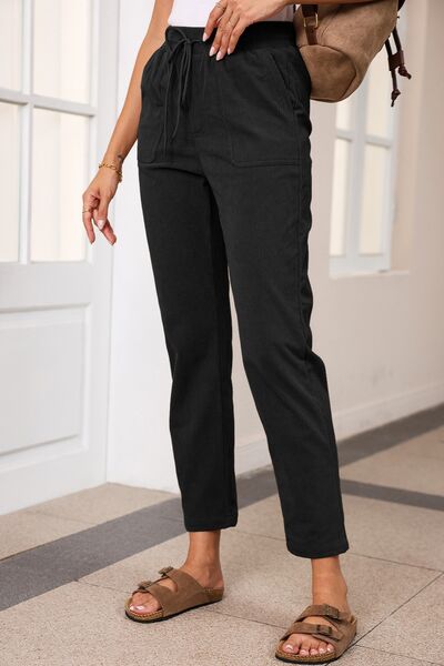 Side view of Drawstring Straight Pants with Pockets-black
