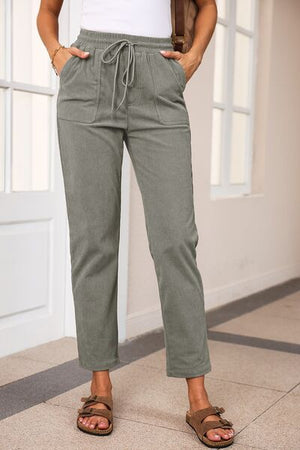 Full View of Drawstring Straight Pants with Pockets-gray