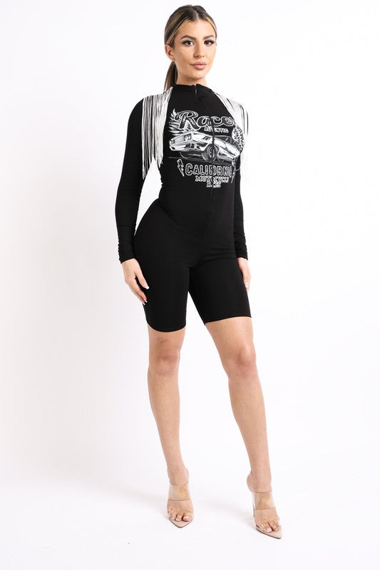 Women&#39;s Printed long sleeve one piece Bodycon Short ssle shoulderPants Jumpsuit romper with Tassle Shoulder