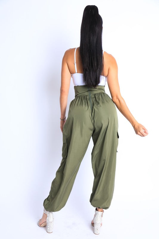 Back view of Tie Detailed High Waist Jogger Pants-green