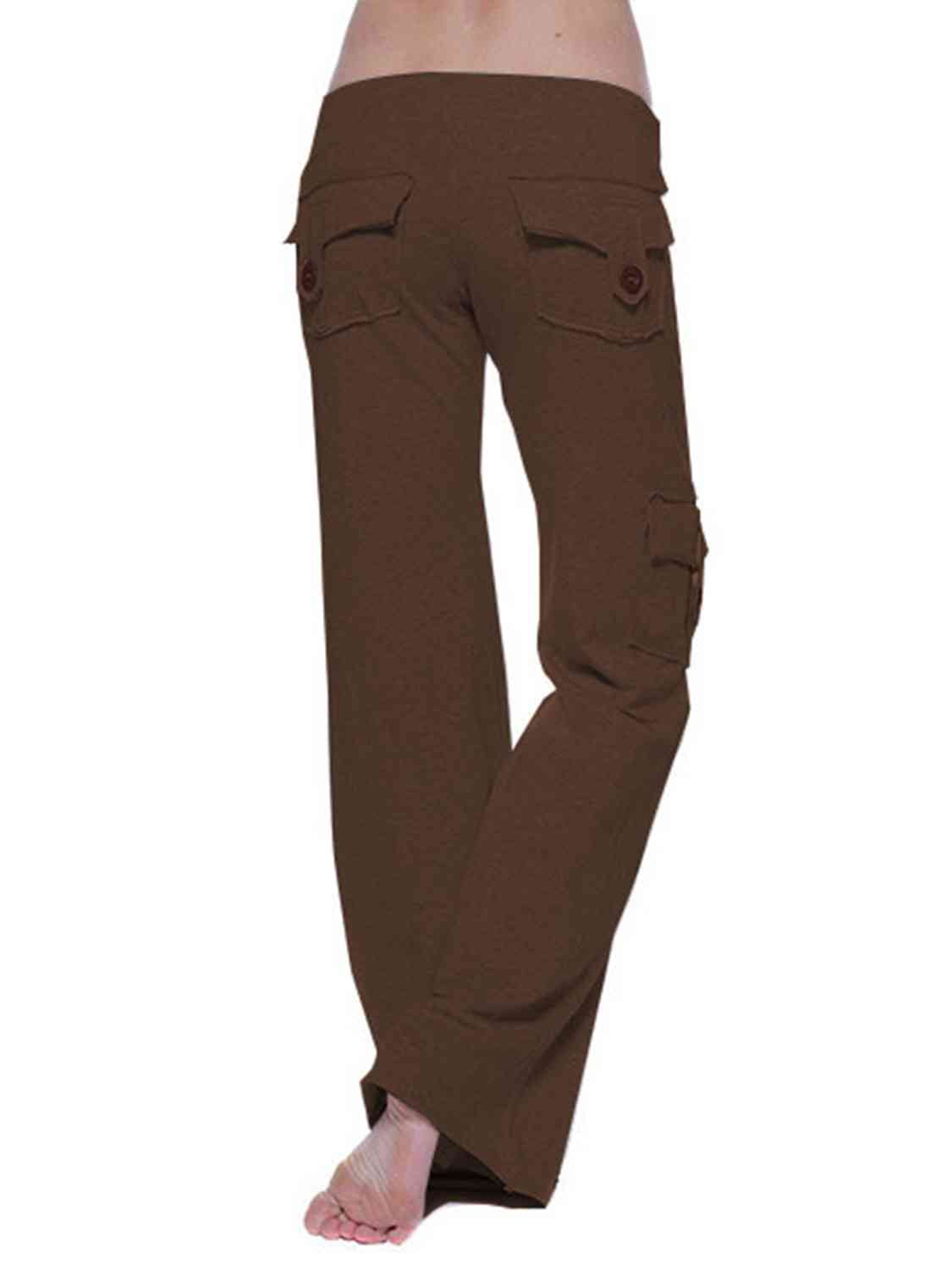 View of the back of Mid Waist Pants with Pockets-coffee brown