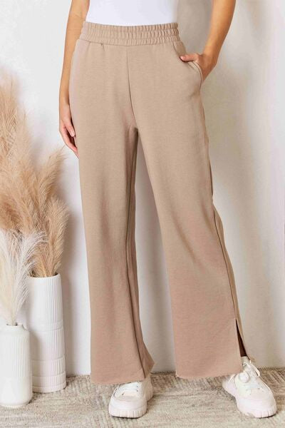 Front view of RISEN Wide Waistband Slit Wide Leg Pants