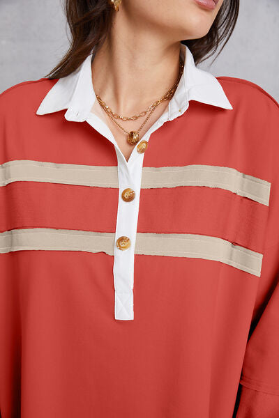 Close view of Front view of Half Button Handkerchief Hem Dress- red orange