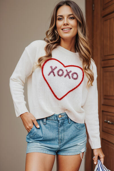 Front view of XOXO Heart Round Neck Dropped Shoulder Sweater white