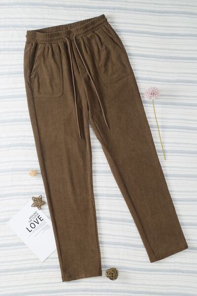 Drawstring Straight Pants with Pockets-coffee brown