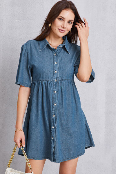 Zoom in view of Button Up Collared Neck Tiered Denim Dress