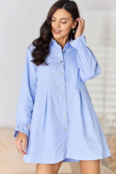 Front view of Button Up Collared Neck Flounce Sleeve Denim Dress-blue