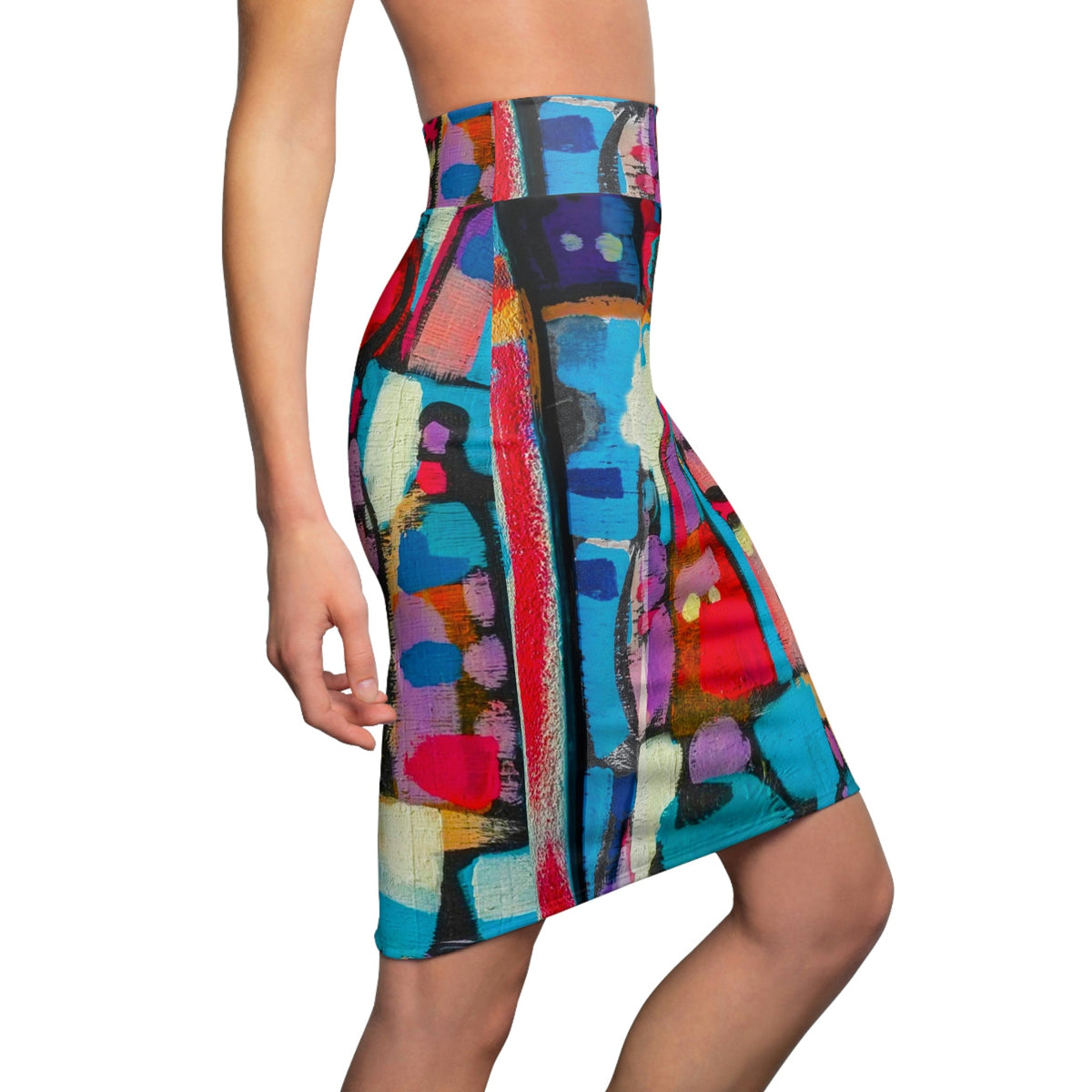 High Waist Womens Pencil Skirt - Contour Stretch, Sutileza Smooth Colorful Abstract Print by inQue.Style