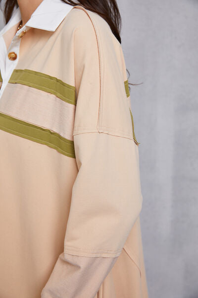 View of the left half of Half Button Handkerchief Hem Dress -Light Apricot