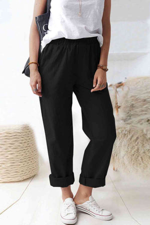 Paperbag Waist Pull-On Pants with Pockets-black
