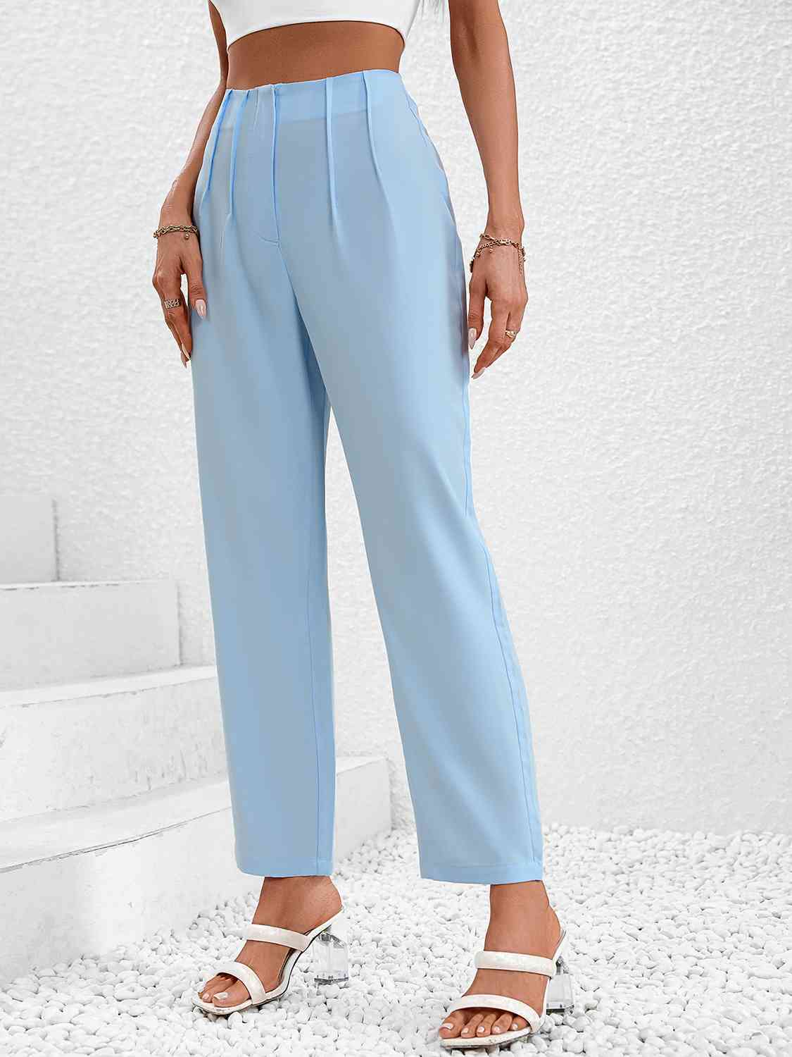 Front view of Ruched Long Pants-misty blue