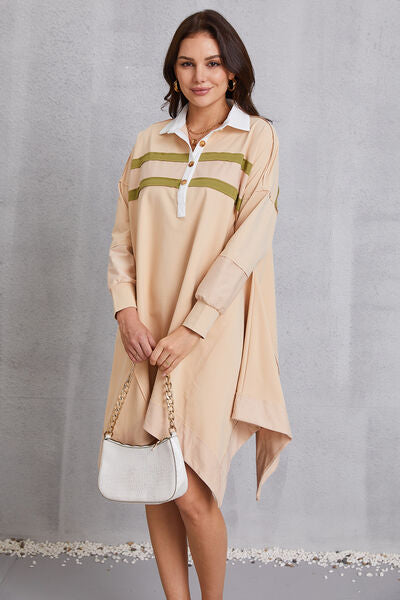 Slight side view of Half Button Handkerchief Hem Dress -Light Apricot