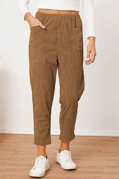 Full view of Pocketed Elastic Waist Pants-brown