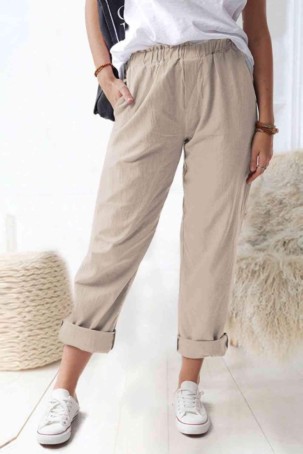 Paperbag Waist Pull-On Pants with Pockets-khaki