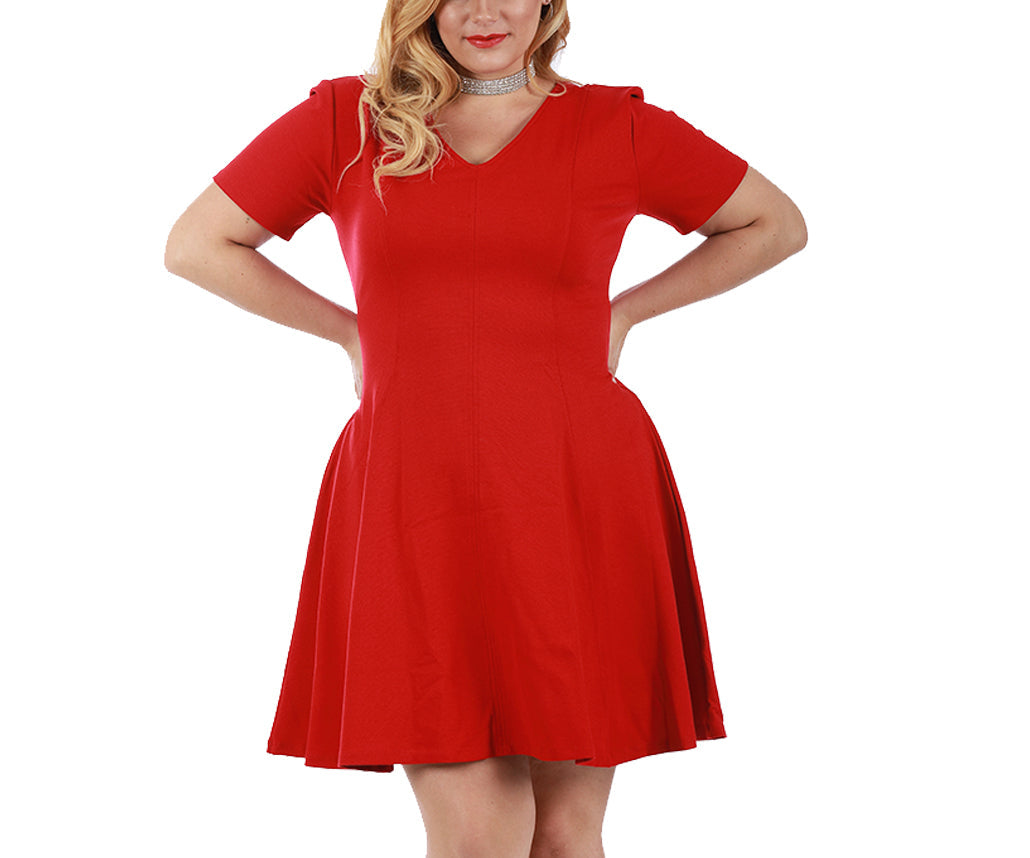 InstantFigure Curvy Plus Size Short V-Neck Panel Dress 16808MC Red Size 4XL