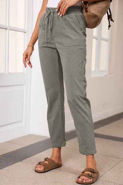 Drawstring Straight Pants with Pockets-gray
