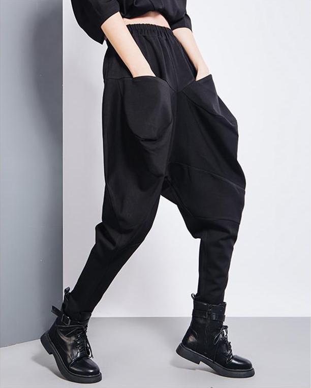 Model showing front pockets on Tanaka Pocket High Waist Harem Pants - Black