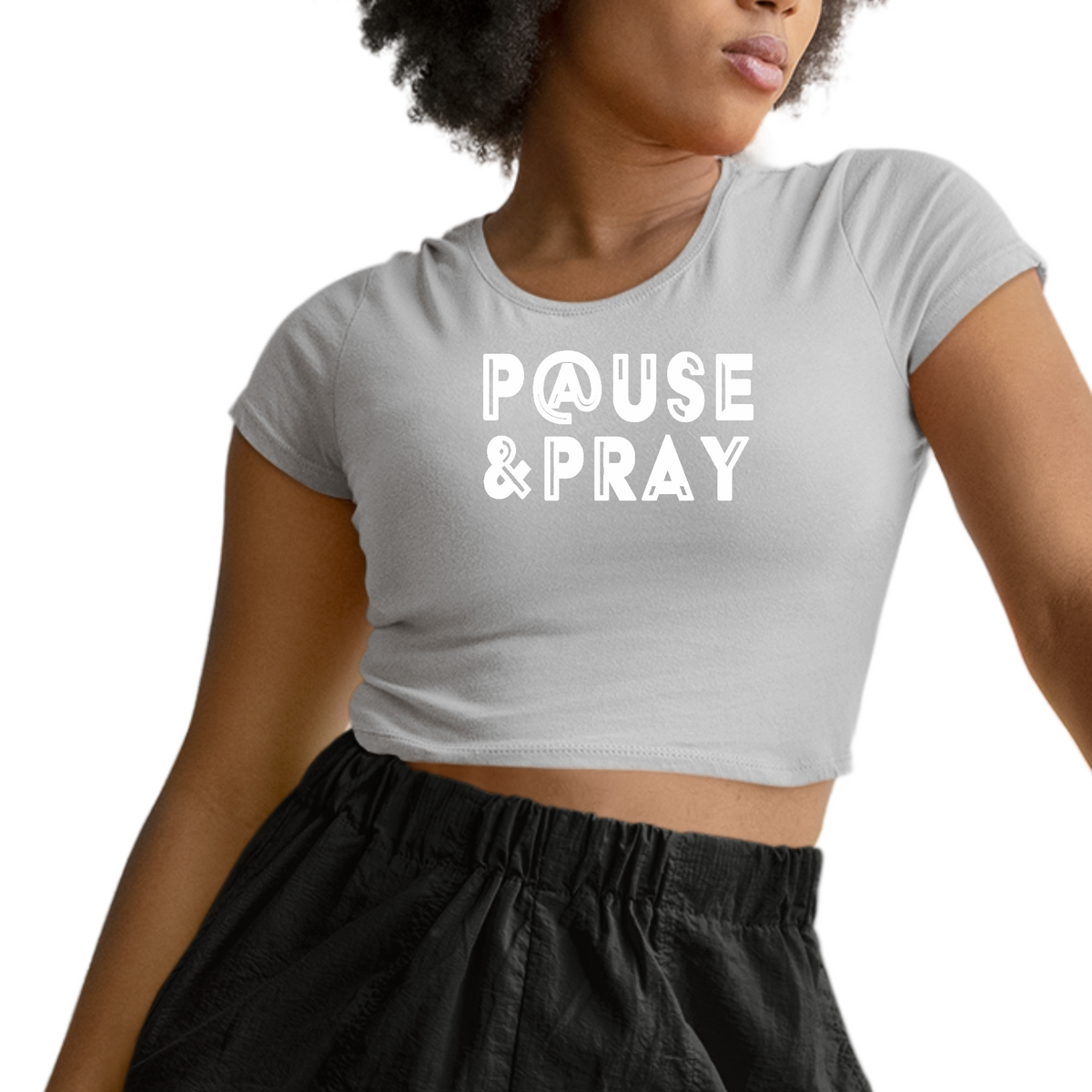 Womens Short Sleeve Cropped T-Shirt, Pause And Pray, Christian by inQue.Style