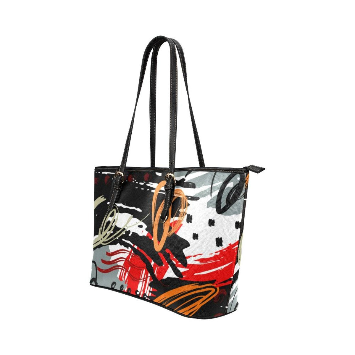 Women&#39;s Leather Tote Bag, Black &amp; Multicolor Abstract Double Handle Handbag by inQue.Style